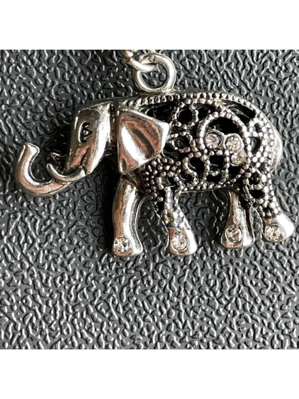 Silvertone Elephant Pendant Necklace Rhinestone - Picture 6 of 14
